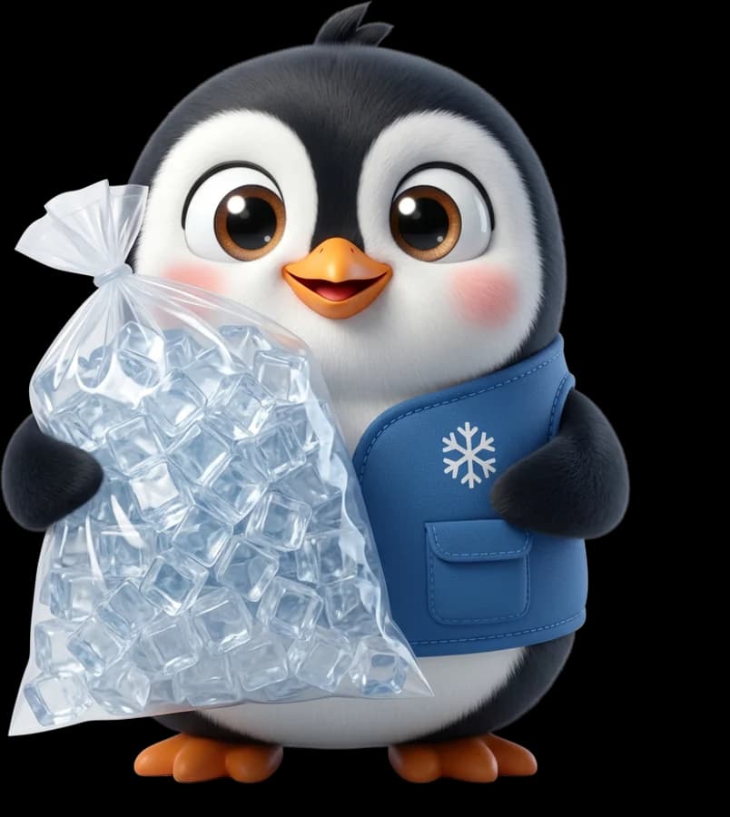 Pingo, la mascotte PingoIce, portant un sac de glaçons