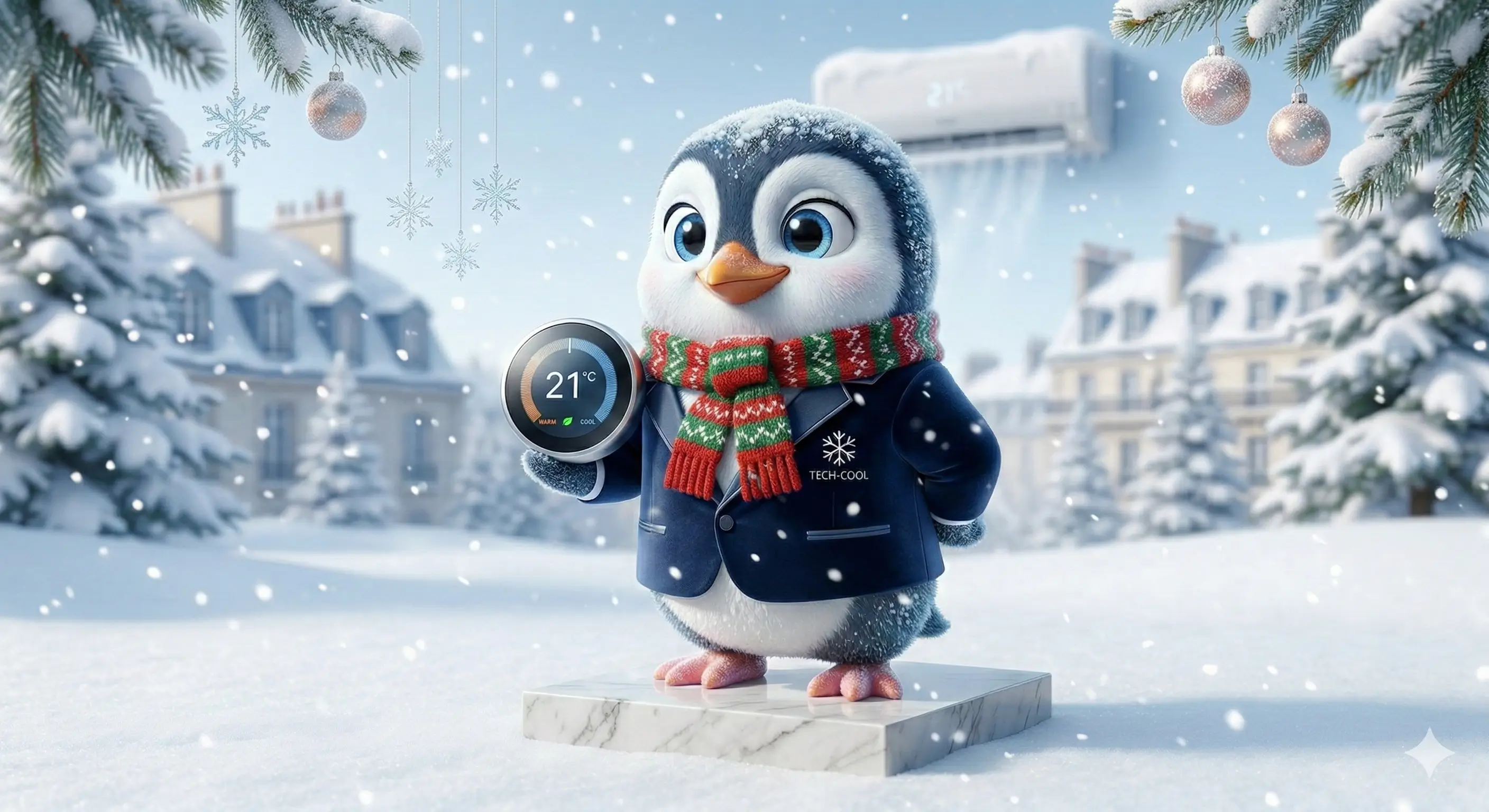 Pingo, la mascotte PingoIce, dans un décor hivernal